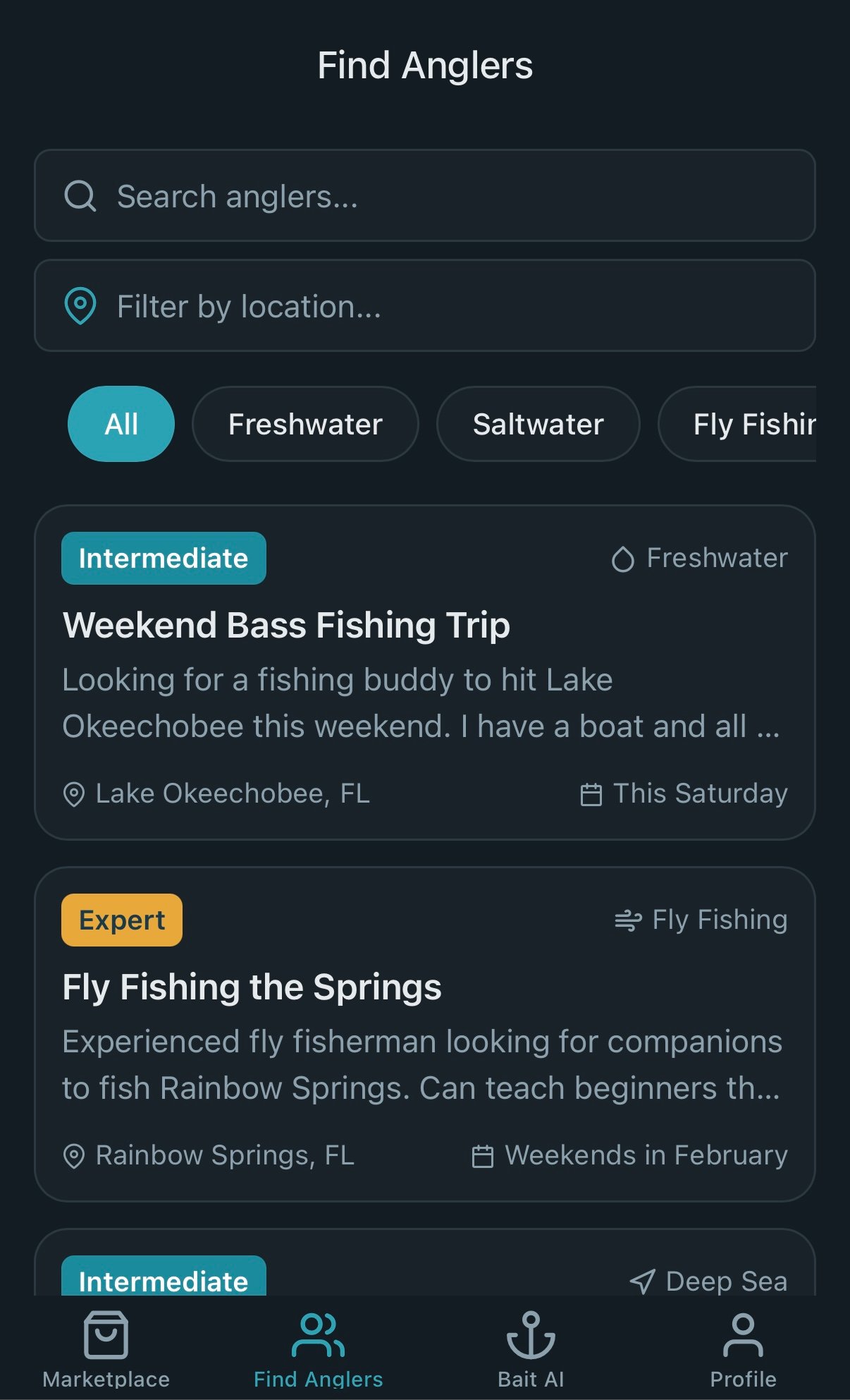 Find Anglers screen